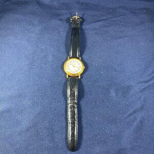Vintage Guess Womens Gold Watch With Black Leather Band & White Dial Japan Movem